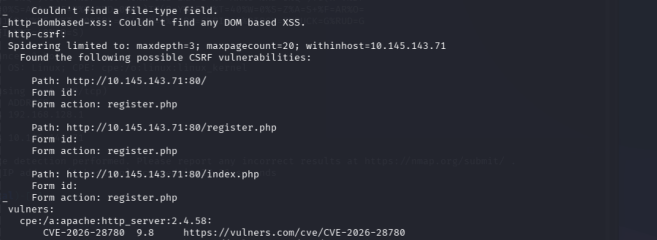 nmap vuln scan output showing open ports and directory findings